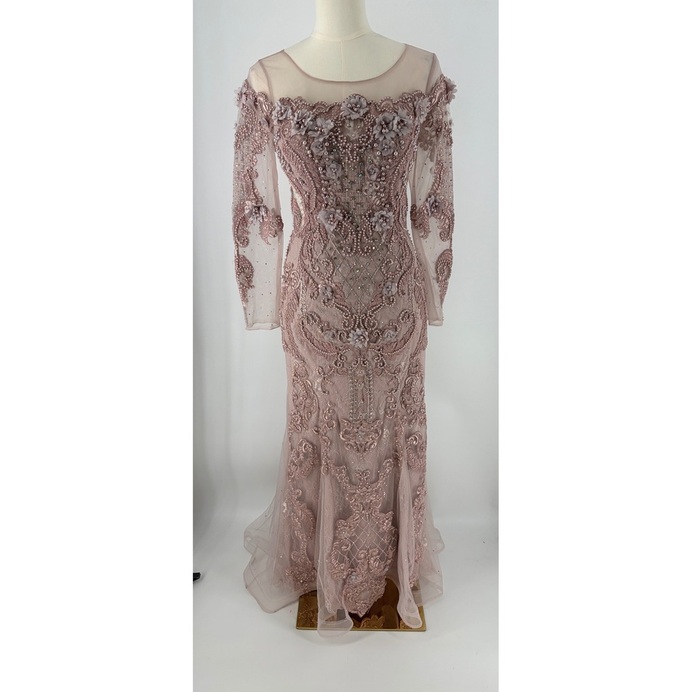 Dusty Rose Floral Lace Beaded Applique Long Sleeve Evening Gown Mermaid Dress 8